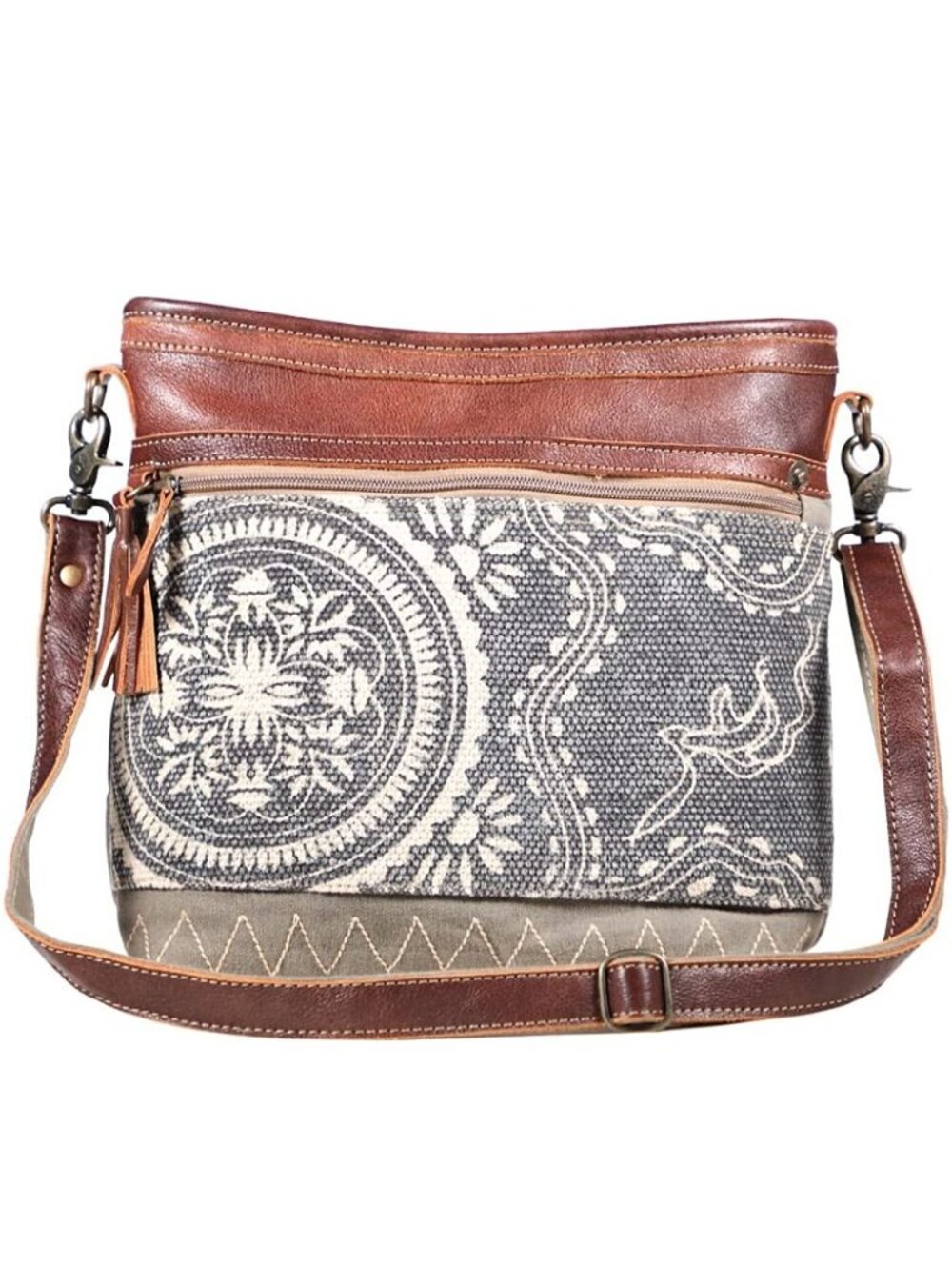 Cloth Purses for Women - Canvas Bag with Real Leather Detailing, Floral Mosaic
